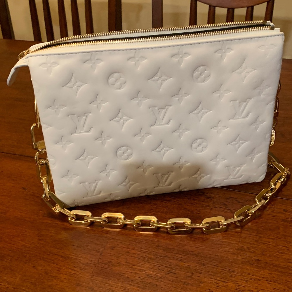 Authentic Louis Vuitton White Embossed purse with Gold Chain, rare cream color.
